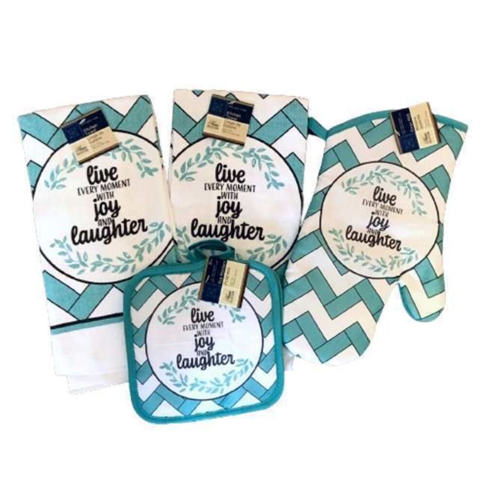 Live With Joy & Laughter NEW Kitchen Set Blue White Oven Mitt Towels Pot Holder